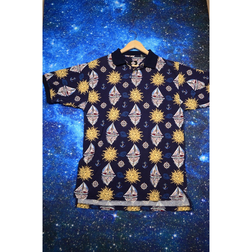 Vintage Tabasco Polo Shirt Mens XL Blue Nautical Sun Sailboat Print Graphic 90s